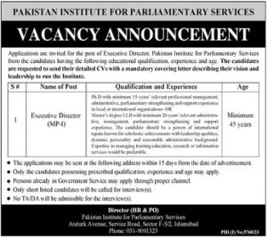 As per the job announcement published in the daily The News Newspaper on March 28, 2024, the Pakistan Institute for Parliamentary Services