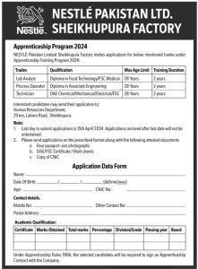 The most recent apprenticeship opportunities at the Sheikhupura Factory of Nestle Pakistan will open in 2024. Applications for the TNestle Pakistan