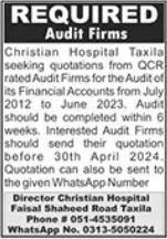A job posting from Christian Hospital in the daily The News Newspaper dated approximately April 26, 2024, requests applications