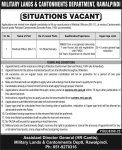 Most recent announcement for MLC Jobs 2024 (Rawalpindi) under the Military Lands & Cantonments Department: dated April 23, 2024,