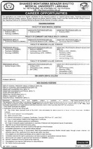 Recent announcement on SMBBMU Jobs 2024 at Shaheed Mohtarma Benazir Bhutto Medical University Larkana:Applications 