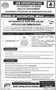 The most recent announcement for the 455 Vaccinator Vacancies (Last date extended) in the Sindh Health Department Jobs 2024