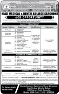 According to a job posting in the daily Khabrain Newspaper on May 1, 2024, Niazi Medical & Dental College is seeking