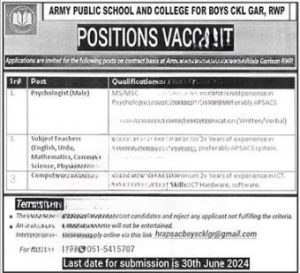Government Jobs Army Public School & College (APS&C) is accepting applications for the following posts in Rawalpindi, Punjab, Pakistan,
